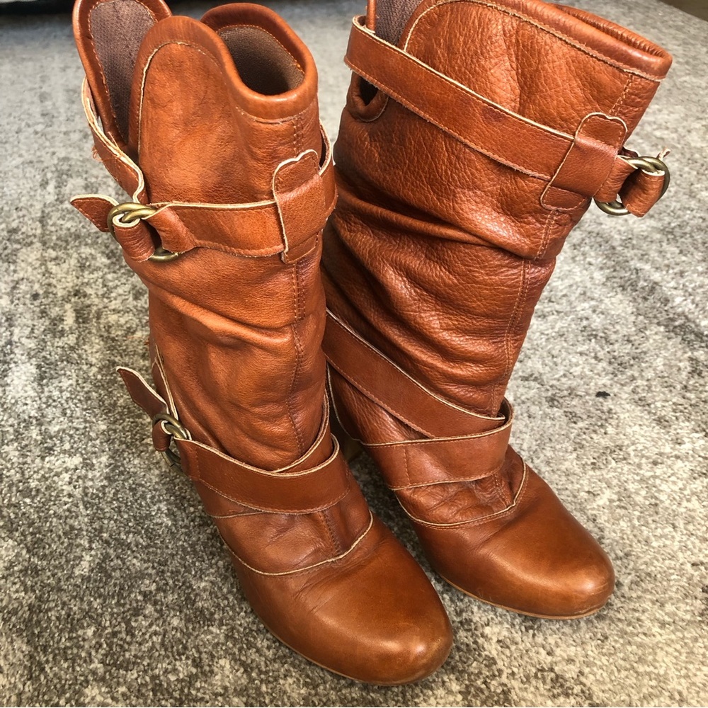 Vintage STEVE MADDEN Leather Boots Size 8 Heeled Boho Western Strap Buckle Fall